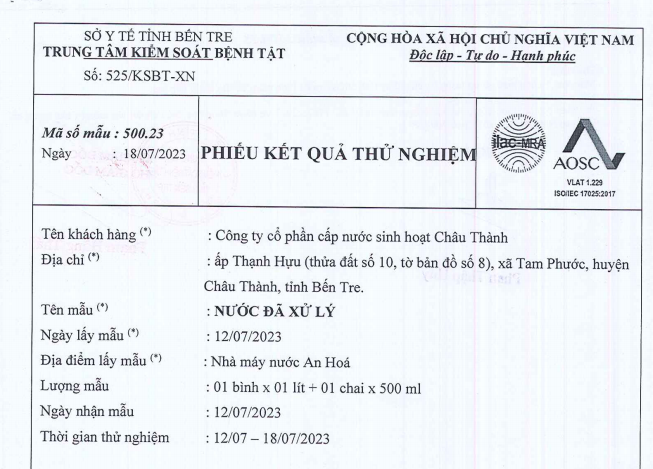 Kết quả kiểm nghiệm nước (tháng 7.2023)